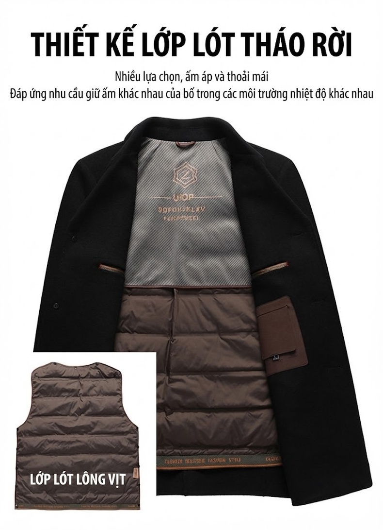 Áo Khoác Dạ Nam Dáng Dài Vừa Cổ chữ Vest Lớp Lót Lông Vũ Tháo Rời Màu Đen, Nâu chi tiết 2