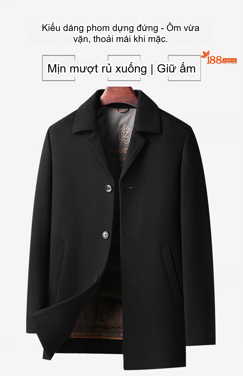 Áo Khoác Dạ Nam Dáng Dài Vừa Cổ chữ Vest Lớp Lót Lông Vũ Tháo Rời Màu Đen, Nâu chi tiết 11