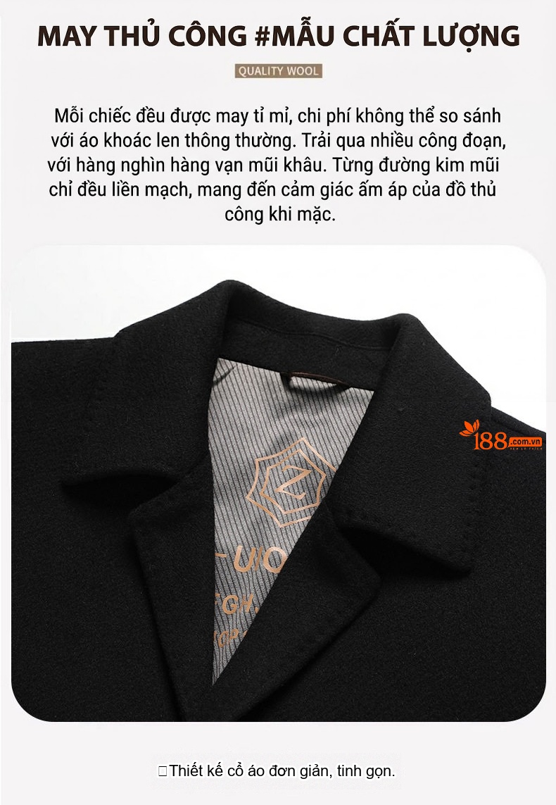 Áo Khoác Dạ Nam Dáng Dài Vừa Cổ chữ Vest Lớp Lót Lông Vũ Tháo Rời Màu Đen, Nâu chi tiết 12