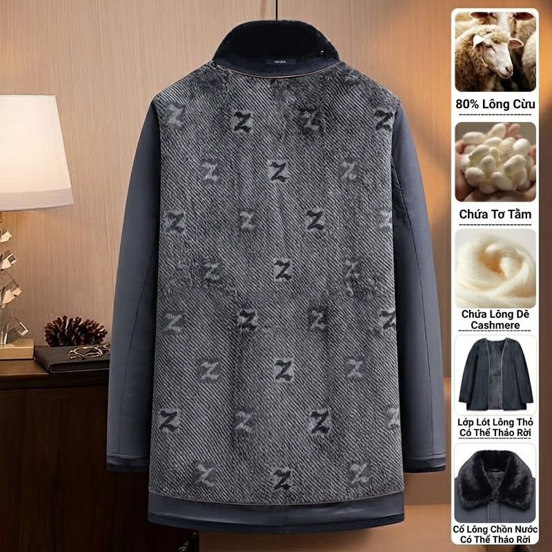 Áo Khoác Dạ Nam Dáng Dài Vừa Cổ Lông Chồn, Lót Lông Thỏ, Lông Cừu, Cashmere, Tơ Tằm Màu Xanh Navy