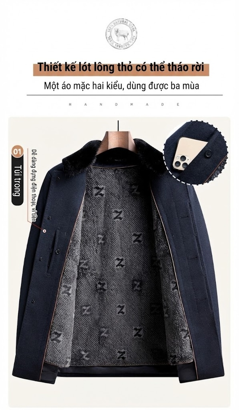 Áo Khoác Dạ Nam Dáng Dài Vừa Cổ Lông Chồn, Lót Lông Thỏ, Lông Cừu, Cashmere, Tơ Tằm Màu Xanh Navy chi tiết 8