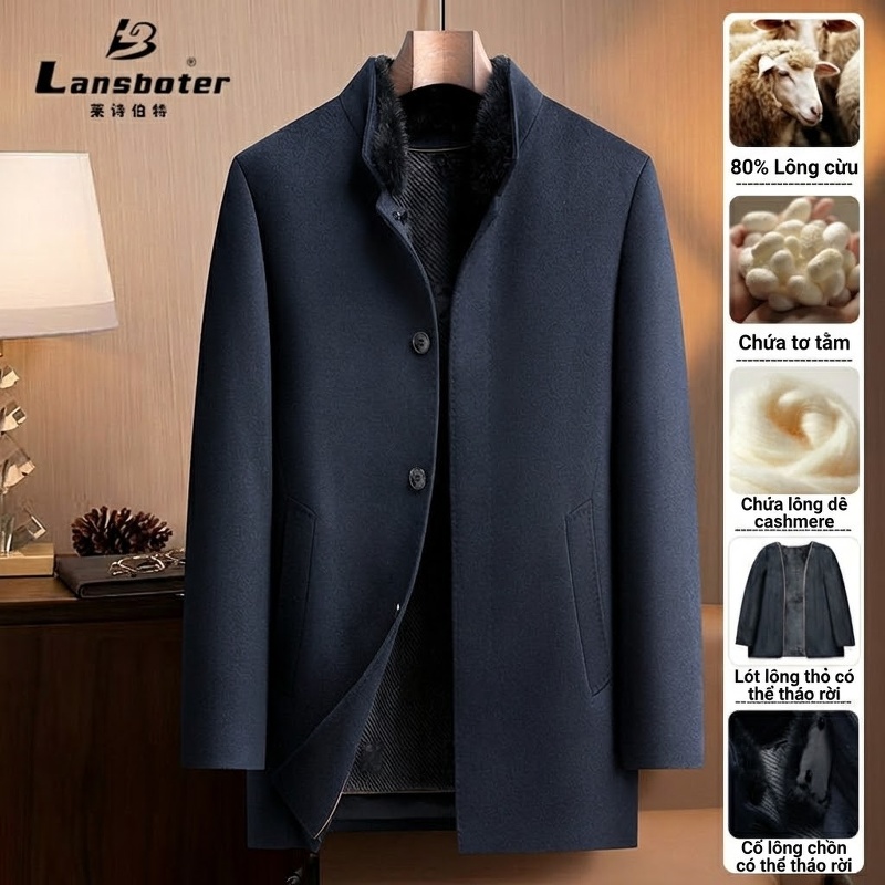 Áo Khoác Dạ Nam Dáng Dài Vừa Cổ Lông Chồn, Lót Lông Thỏ, Lông Cừu, Cashmere, Tơ Tằm Màu Xanh Navy