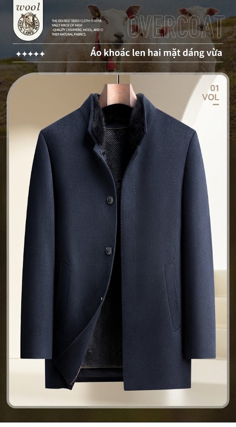 Áo Khoác Dạ Nam Dáng Dài Vừa Cổ Lông Chồn, Lót Lông Thỏ, Lông Cừu, Cashmere, Tơ Tằm Màu Xanh Navy chi tiết 2