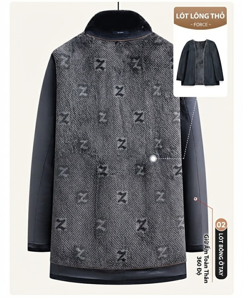 Áo Khoác Dạ Nam Dáng Dài Vừa Cổ Lông Chồn, Lót Lông Thỏ, Lông Cừu, Cashmere, Tơ Tằm Màu Xanh Navy chi tiết 9