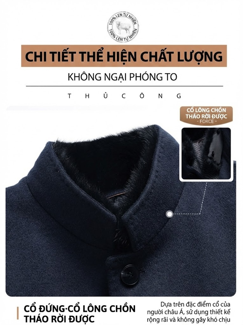 Áo Khoác Dạ Nam Dáng Dài Vừa Cổ Lông Chồn, Lót Lông Thỏ, Lông Cừu, Cashmere, Tơ Tằm Màu Xanh Navy chi tiết 11
