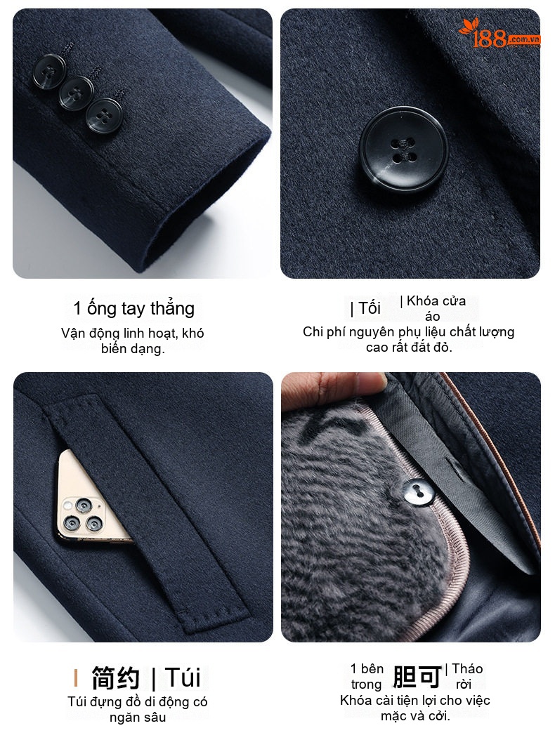 Áo Khoác Dạ Nam Dáng Dài Vừa Cổ Lông Chồn, Lót Lông Thỏ, Lông Cừu, Cashmere, Tơ Tằm Màu Xanh Navy chi tiết 12