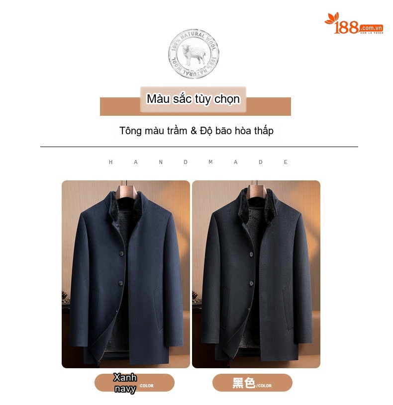 Áo Khoác Dạ Nam Dáng Dài Vừa Cổ Lông Chồn, Lót Lông Thỏ, Lông Cừu, Cashmere, Tơ Tằm Màu Xanh Navy chi tiết 13