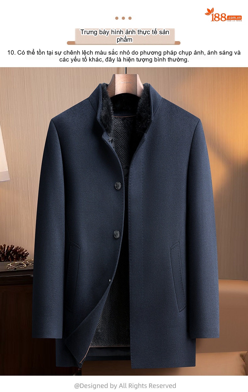 Áo Khoác Dạ Nam Dáng Dài Vừa Cổ Lông Chồn, Lót Lông Thỏ, Lông Cừu, Cashmere, Tơ Tằm Màu Xanh Navy chi tiết 16