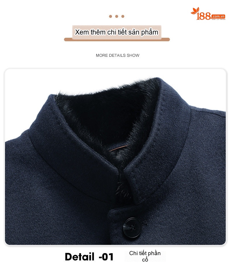 Áo Khoác Dạ Nam Dáng Dài Vừa Cổ Lông Chồn, Lót Lông Thỏ, Lông Cừu, Cashmere, Tơ Tằm Màu Xanh Navy chi tiết 21