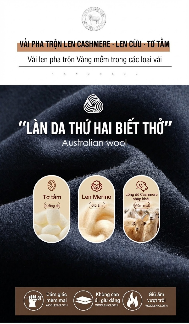 Áo Khoác Dạ Nam Dáng Dài Vừa Cổ Lông Chồn, Lót Lông Thỏ, Lông Cừu, Cashmere, Tơ Tằm Màu Xanh Navy chi tiết 3