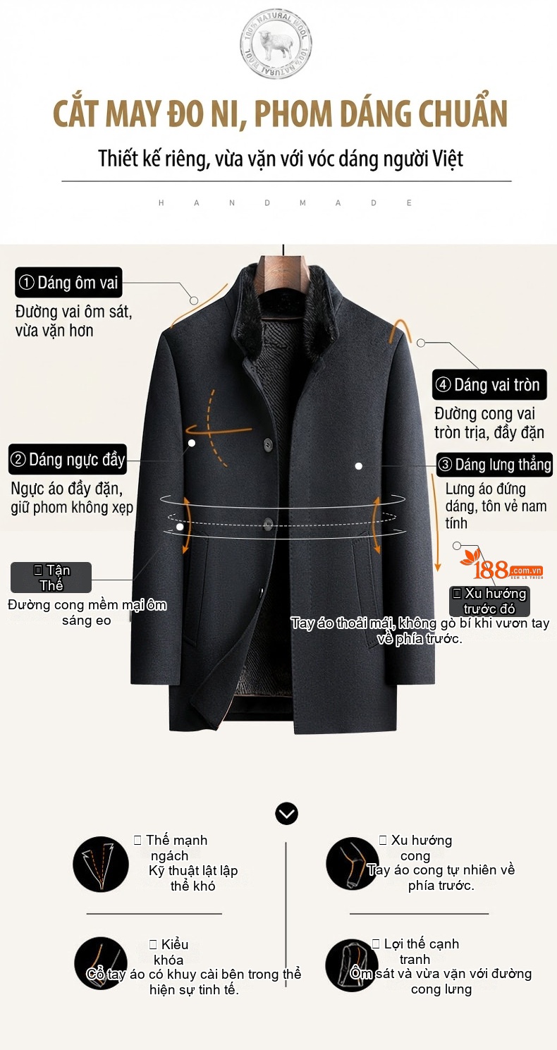 Áo Khoác Dạ Nam Dáng Dài Vừa Cổ Lông Chồn, Lót Lông Thỏ, Lông Cừu, Cashmere, Tơ Tằm Màu Xanh Navy chi tiết 5