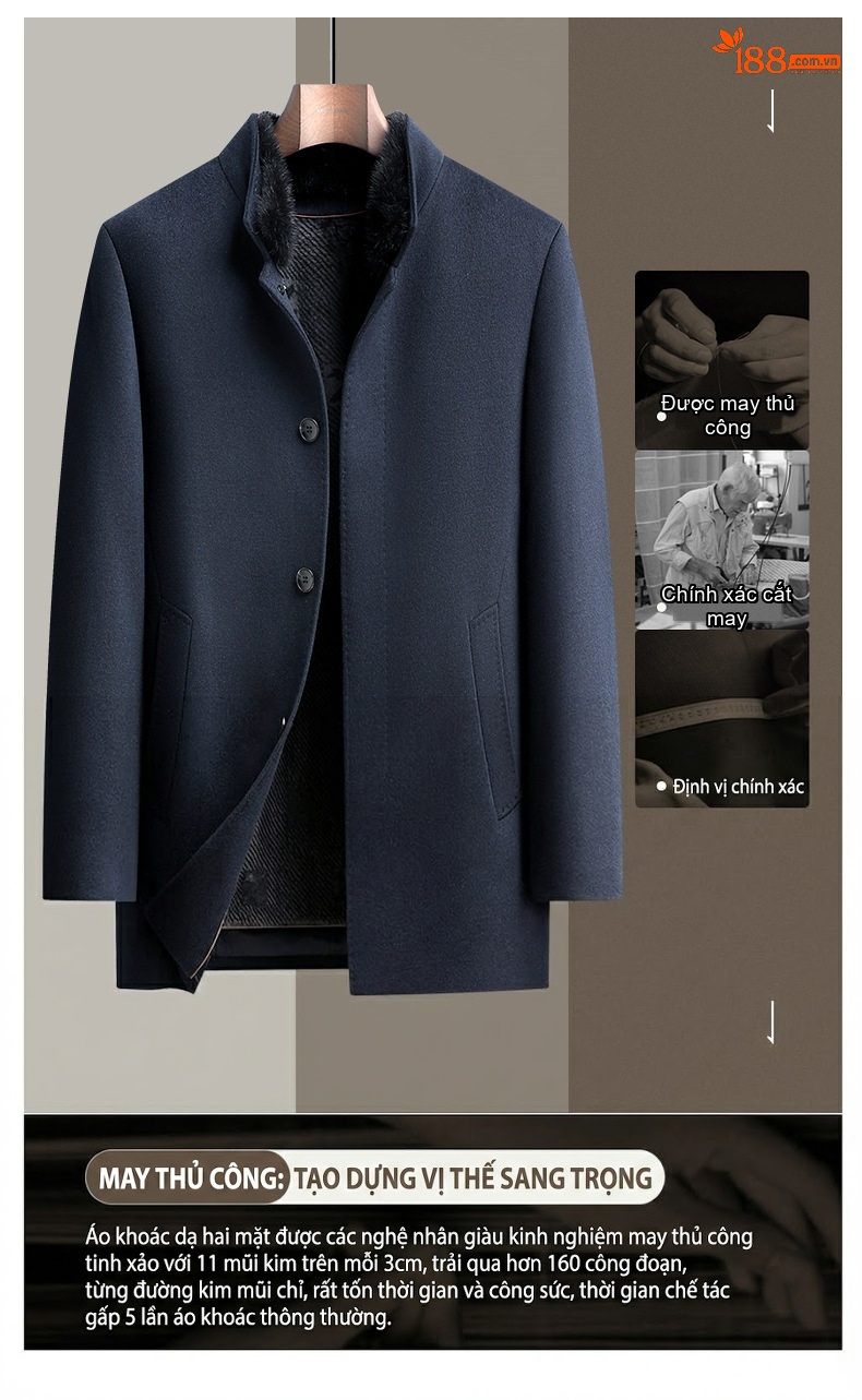 Áo Khoác Dạ Nam Dáng Dài Vừa Cổ Lông Chồn, Lót Lông Thỏ, Lông Cừu, Cashmere, Tơ Tằm Màu Xanh Navy chi tiết 7
