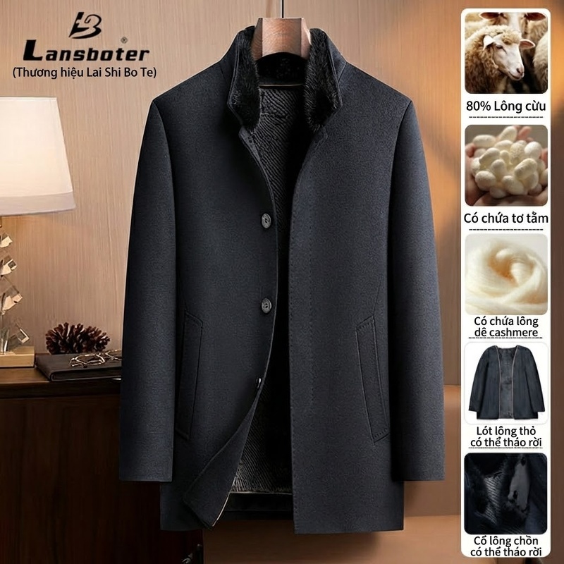 Áo Khoác Dạ Nam Dáng Dài Vừa Cổ Lông Chồn, Lót Lông Thỏ, Lông Cừu, Cashmere, Tơ Tằm Màu Xanh Navy