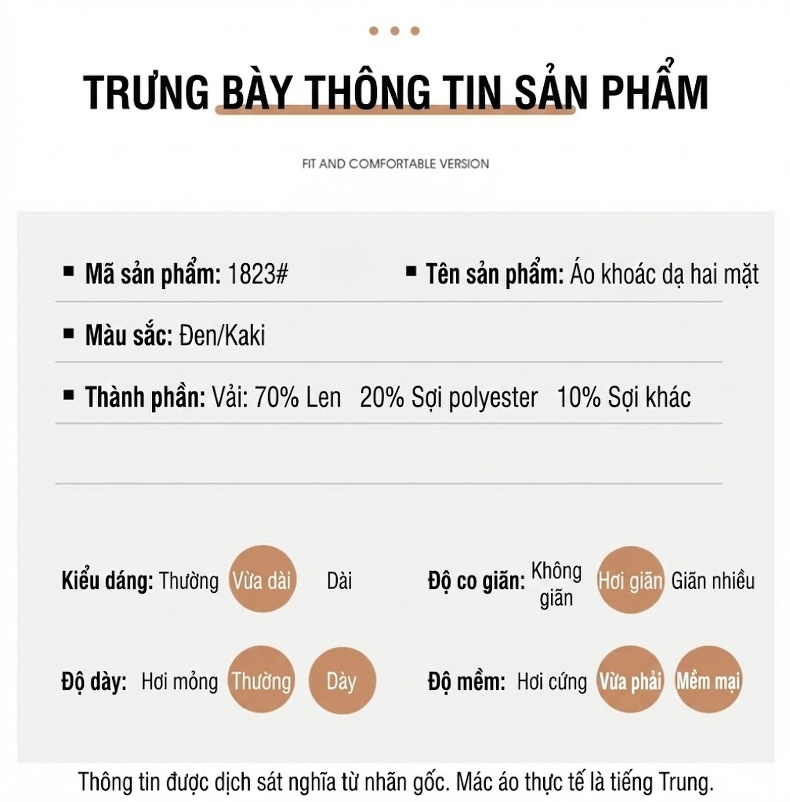 Áo Khoác Dạ Nam Dáng Dài Vừa Hai Mặt Túi Lớn Ôm Dáng Màu Nâu, Đen chi tiết 15