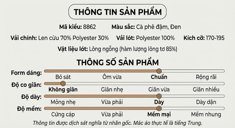Áo Khoác Dạ Nam Dáng Dài Vừa Lông Cừu Lót Lông Vũ Có Thể Tháo Rời Màu Đen, Nâu chi tiết 15