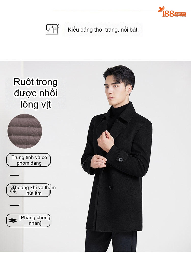 Áo Khoác Dạ Nam Dáng Dài Vừa Lông Cừu Lót Lông Vũ Có Thể Tháo Rời Màu Đen, Nâu chi tiết 2