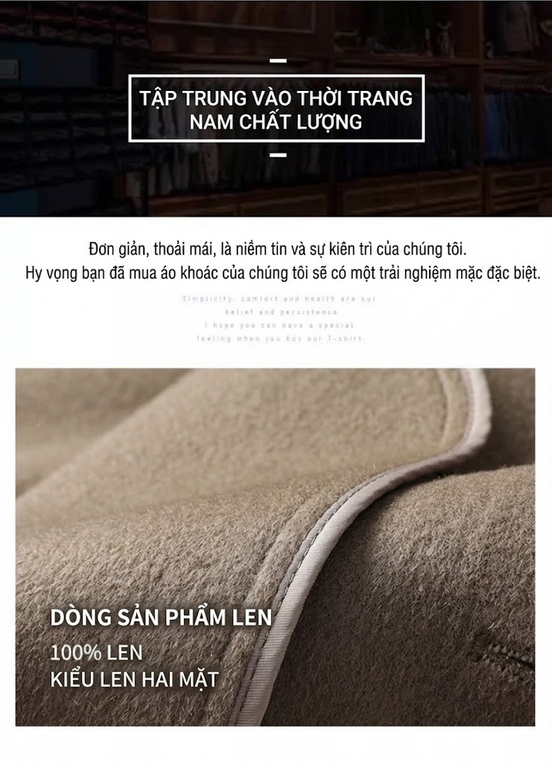 Áo Khoác Dạ Nam Dáng Dài Vừa Thu Đông Áo Khoác Lông Cừu Nguyên Chất Cổ chữ Vest Hai Mặt Phong Cách Doanh Nhân Màu Nâu, Xám, Đen chi tiết 2