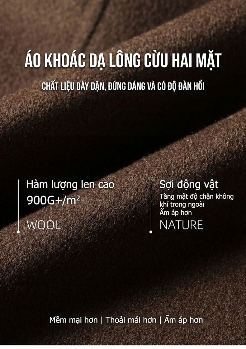 Áo Khoác Dạ Nam Dáng Dài Vừa Vải Lông Cừu Thủ Công Màu Nâu, Đen, Xám chi tiết 1