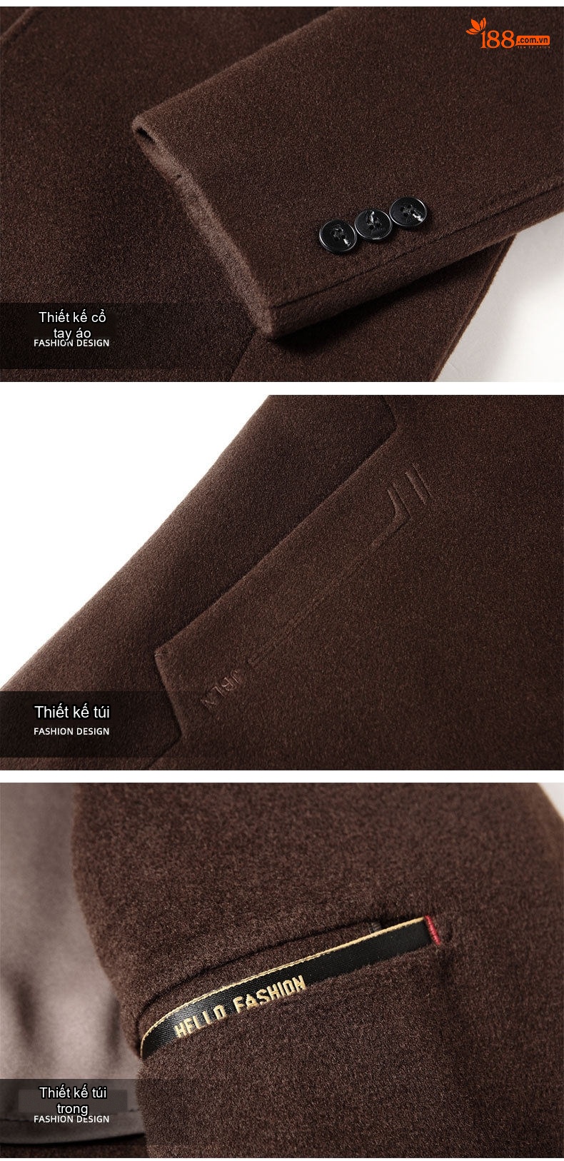 Áo Khoác Dạ Nam Dáng Dài Vừa Vặn Cổ chữ Vest Thủ Công Woolen Phong Cách Thanh Lịch Màu Nâu chi tiết 14
