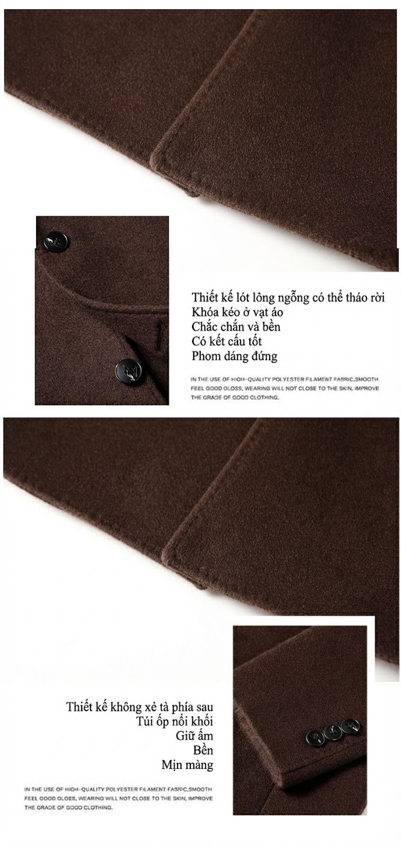 Áo Khoác Dạ Nam Dáng Dài Vừa Vặn Cổ chữ Vest Thủ Công Woolen Phong Cách Thanh Lịch Màu Nâu chi tiết 6
