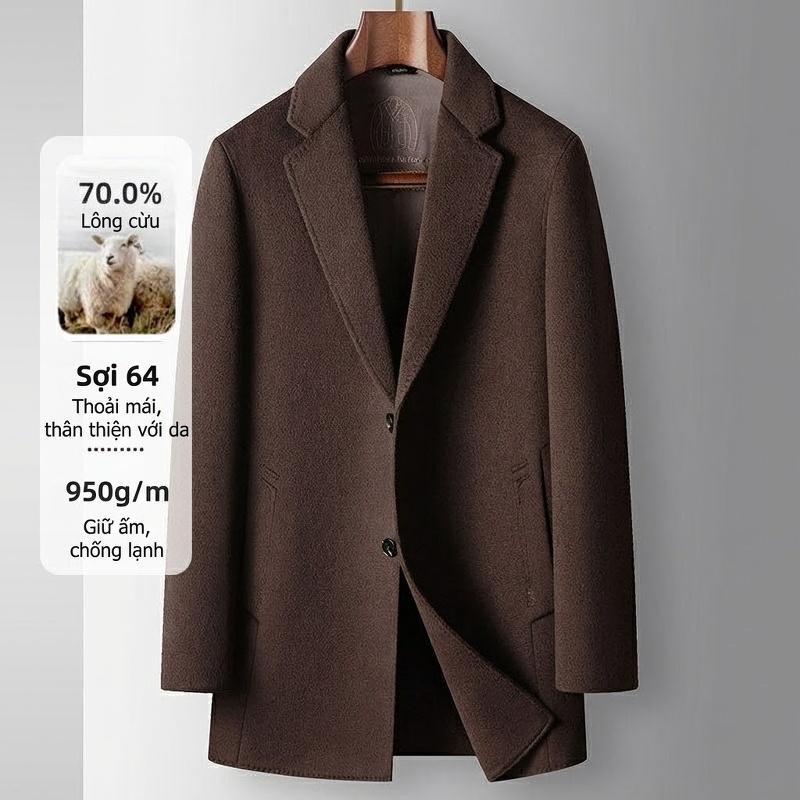 Áo Khoác Dạ Nam Dáng Dài Vừa Vặn Cổ chữ Vest Thủ Công Woolen Phong Cách Thanh Lịch Màu Nâu