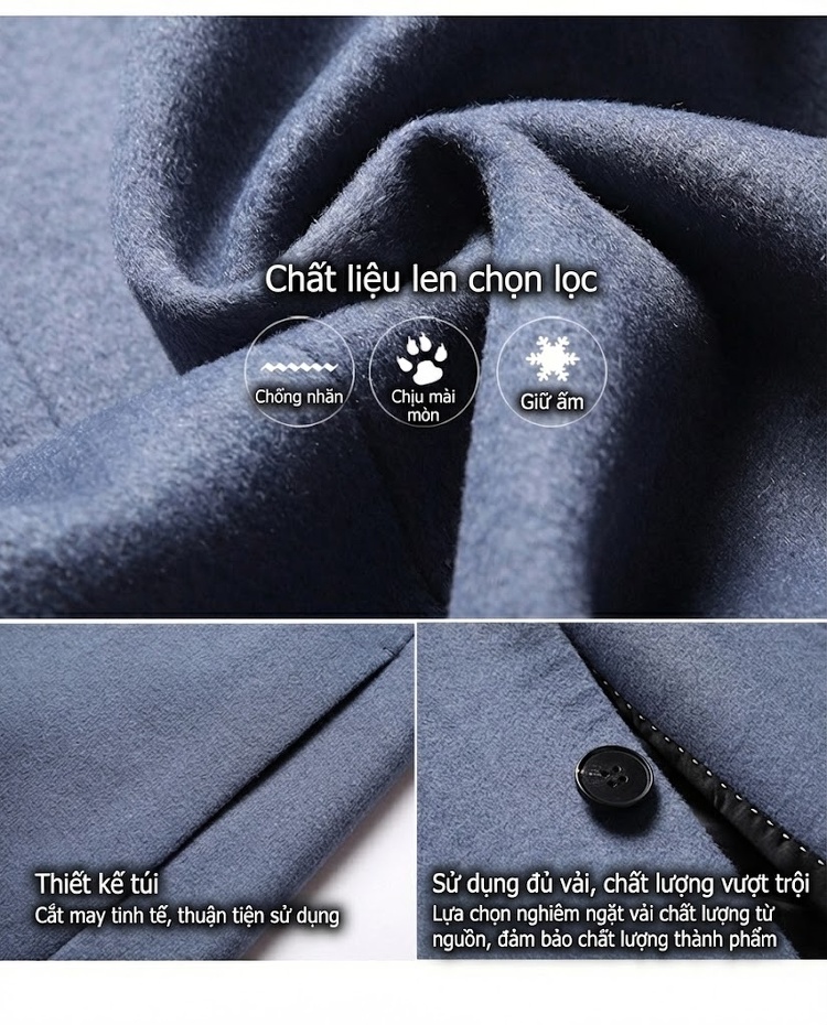 Áo Khoác Dạ Nam Dáng Dài Vừa Vặn Giữ Ấm Màu Đen, Xanh Lam, Xám chi tiết 3