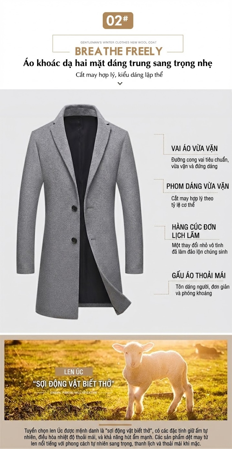 Áo Khoác Dạ Nam Dáng Dài Vừa Vặn Giữ Ấm Màu Đen, Xanh Lam, Xám chi tiết 4