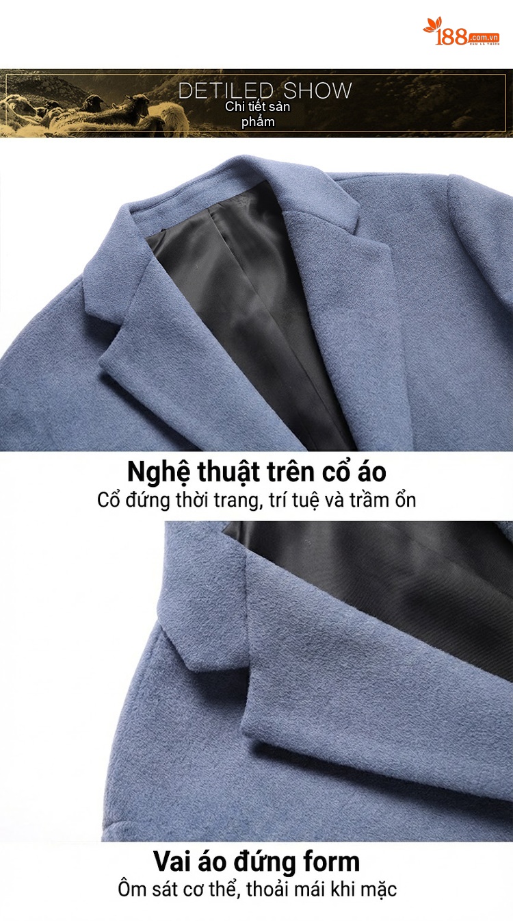Áo Khoác Dạ Nam Dáng Dài Vừa Vặn Giữ Ấm Màu Đen, Xanh Lam, Xám chi tiết 14