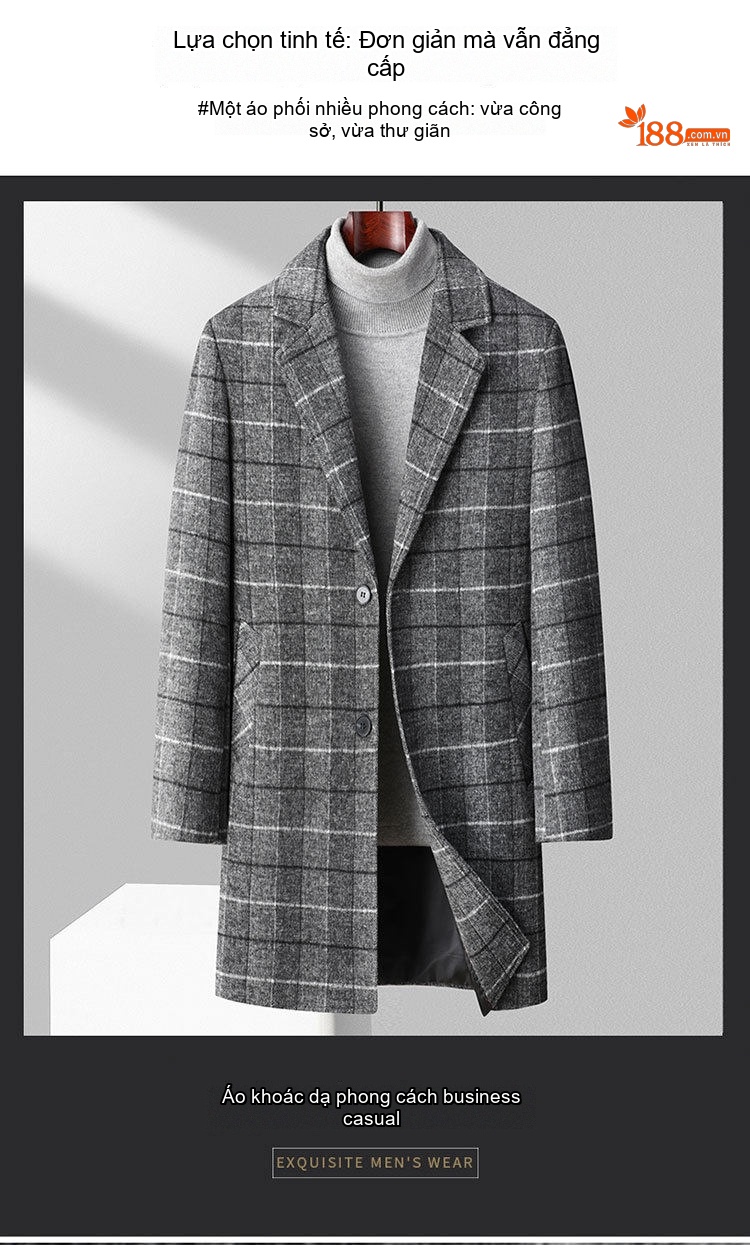 Áo Khoác Dạ Nam Dáng Dài Vừa Vặn Phong Cách Business Casual Họa Tiết Kẻ Ca Rô Lót Bông Dày Dặn Màu Xám, Nâu chi tiết 1