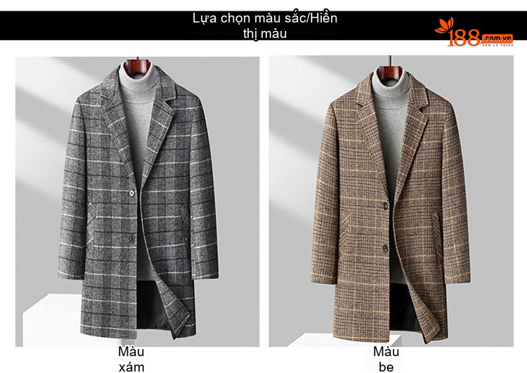 Áo Khoác Dạ Nam Dáng Dài Vừa Vặn Phong Cách Business Casual Họa Tiết Kẻ Ca Rô Lót Bông Dày Dặn Màu Xám, Nâu chi tiết 4