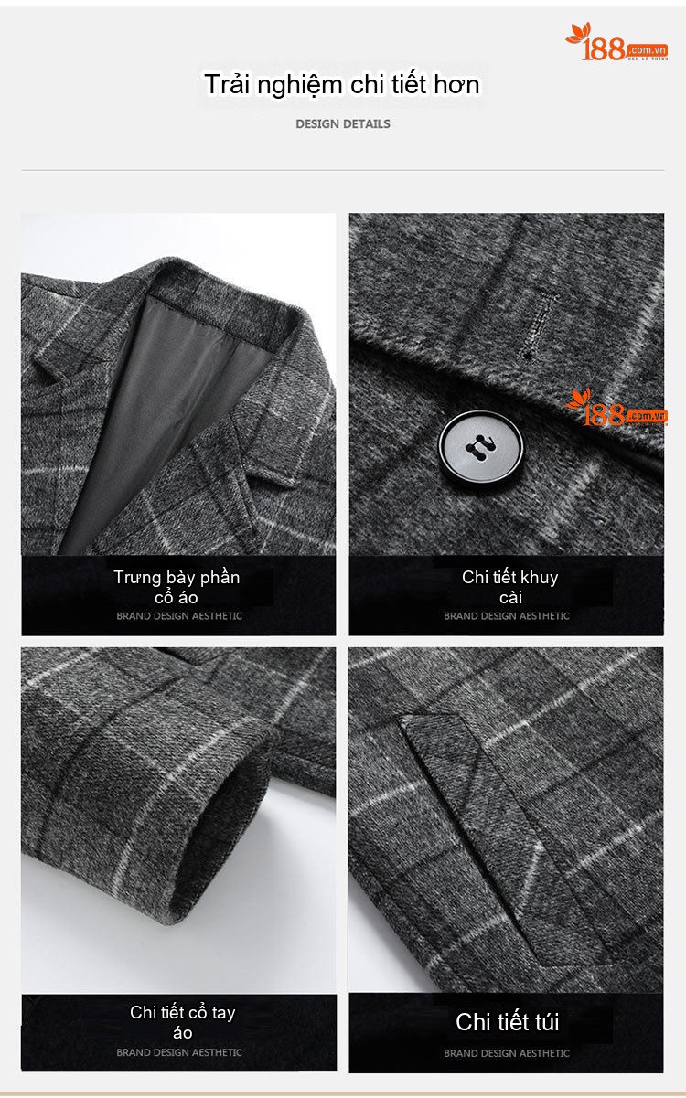 Áo Khoác Dạ Nam Dáng Dài Vừa Vặn Phong Cách Business Casual Họa Tiết Kẻ Ca Rô Lót Bông Dày Dặn Màu Xám, Nâu chi tiết 5