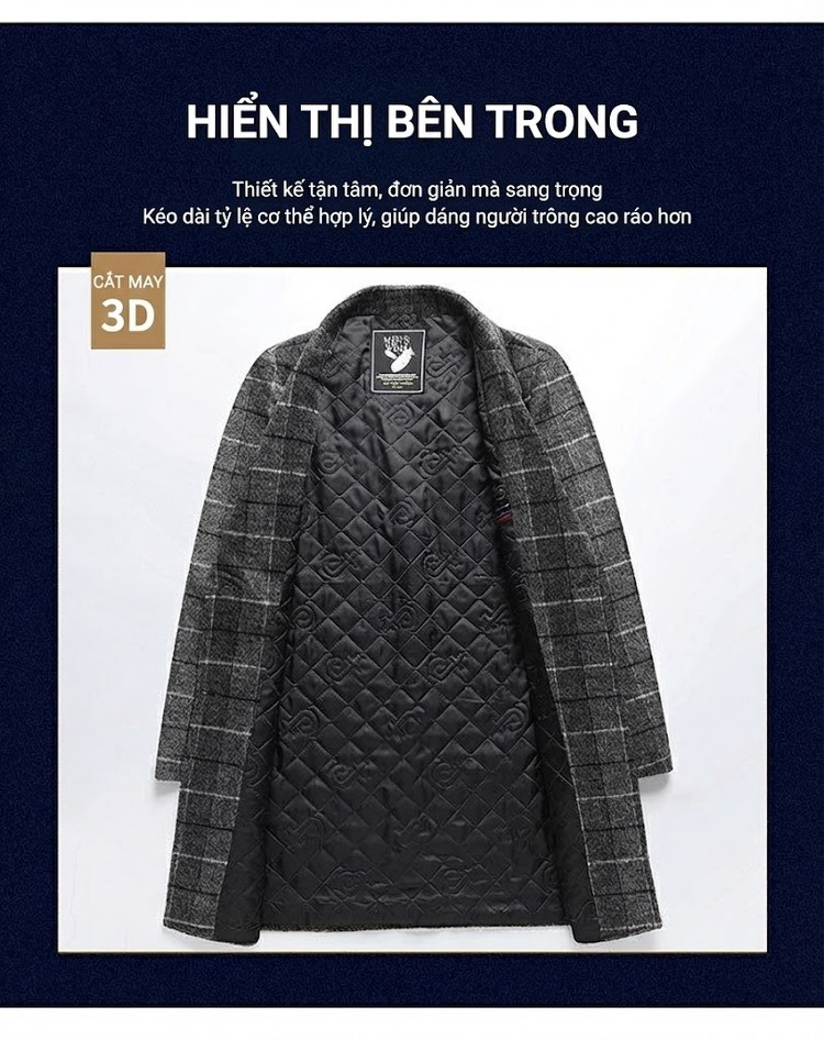Áo Khoác Dạ Nam Dáng Dài Vừa Vặn Phong Cách Business Casual Họa Tiết Kẻ Ca Rô Lót Bông Dày Dặn Màu Xám, Nâu chi tiết 6