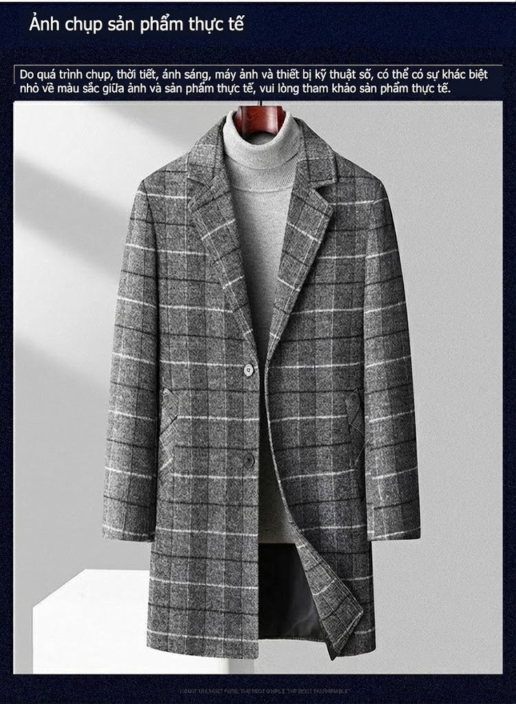 Áo Khoác Dạ Nam Dáng Dài Vừa Vặn Phong Cách Business Casual Họa Tiết Kẻ Ca Rô Lót Bông Dày Dặn Màu Xám, Nâu chi tiết 10