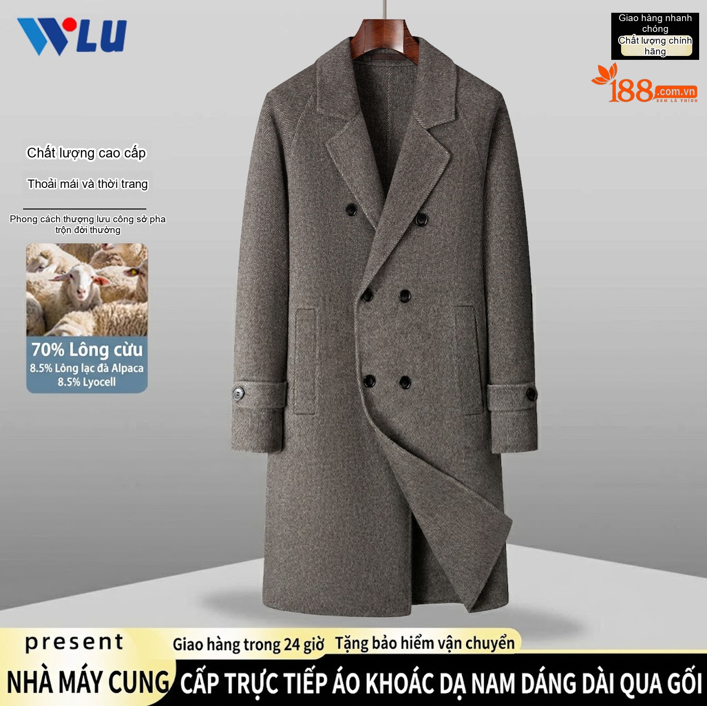 Áo Khoác Dạ Nam Dáng Dài Vừa Vặn Phong Cách Hàn Quốc Dày Dặn Màu Xám
