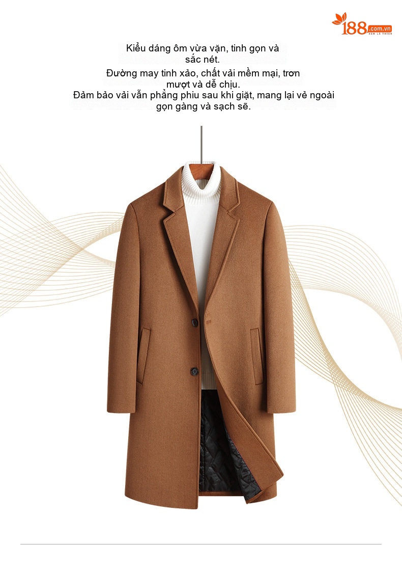 Áo Khoác Dạ Nam Dáng Dài Vừa Wool Pha Lót Bông Dày Dặn Cổ chữ Vest Màu Đen, Xám, Xanh Navy, Nâu chi tiết 7