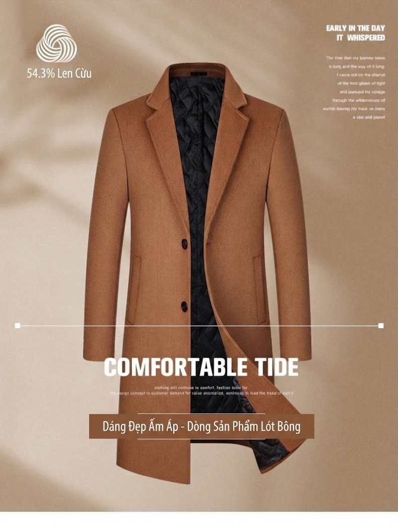 Áo Khoác Dạ Nam Dáng Dài Vừa Wool Pha Lót Bông Dày Dặn Cổ chữ Vest Màu Đen, Xám, Xanh Navy, Nâu chi tiết 1