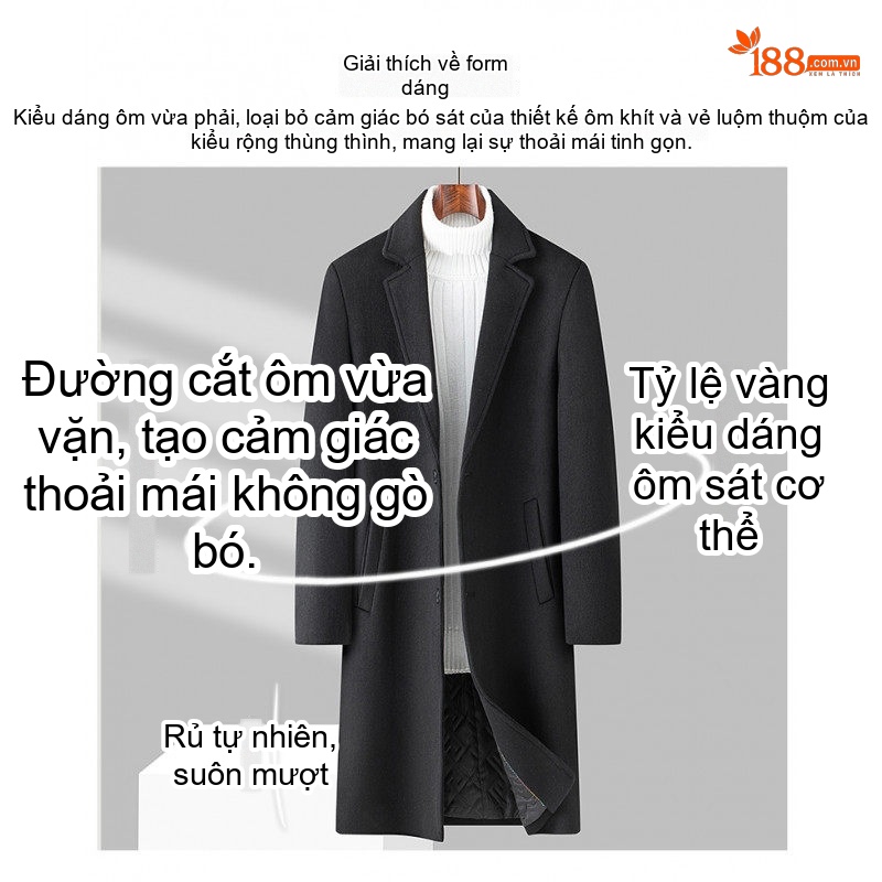 Áo Khoác Dạ Nam Dáng Dài Wool Pha Lót Cotton Dày Dặn Màu Đen, Xám