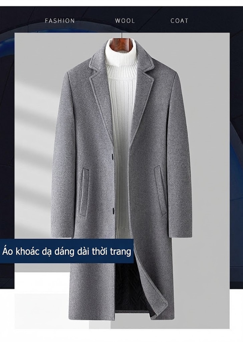 Áo Khoác Dạ Nam Dáng Dài Wool Pha Lót Cotton Dày Dặn Màu Đen, Xám chi tiết 1