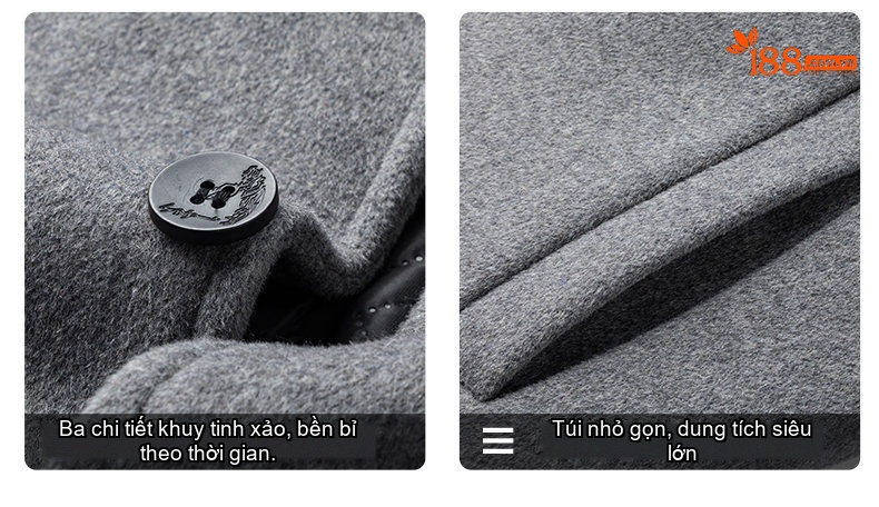 Áo Khoác Dạ Nam Dáng Dài Wool Pha Lót Cotton Dày Dặn Màu Đen, Xám chi tiết 3