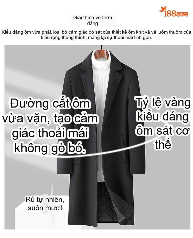 Áo Khoác Dạ Nam Dáng Dài Wool Pha Lót Cotton Dày Dặn Màu Đen, Xám chi tiết 4
