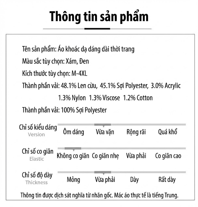Áo Khoác Dạ Nam Dáng Dài Wool Pha Lót Cotton Dày Dặn Màu Đen, Xám chi tiết 6