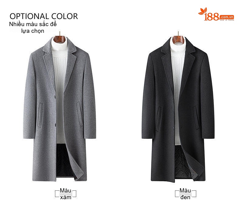 Áo Khoác Dạ Nam Dáng Dài Wool Pha Lót Cotton Dày Dặn Màu Đen, Xám chi tiết 8