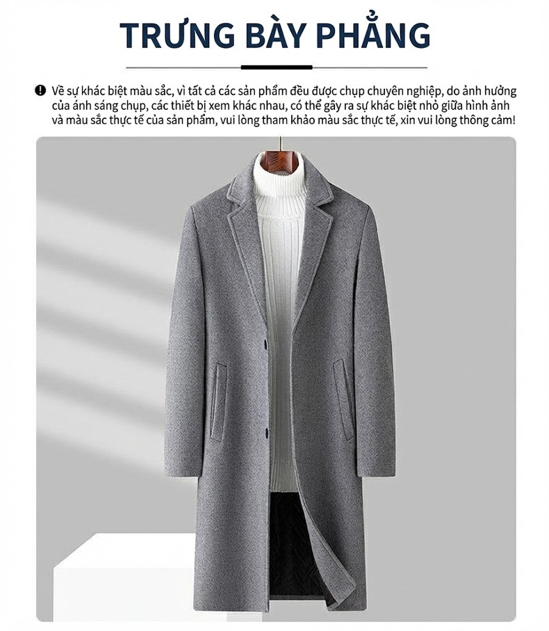 Áo Khoác Dạ Nam Dáng Dài Wool Pha Lót Cotton Dày Dặn Màu Đen, Xám chi tiết 9