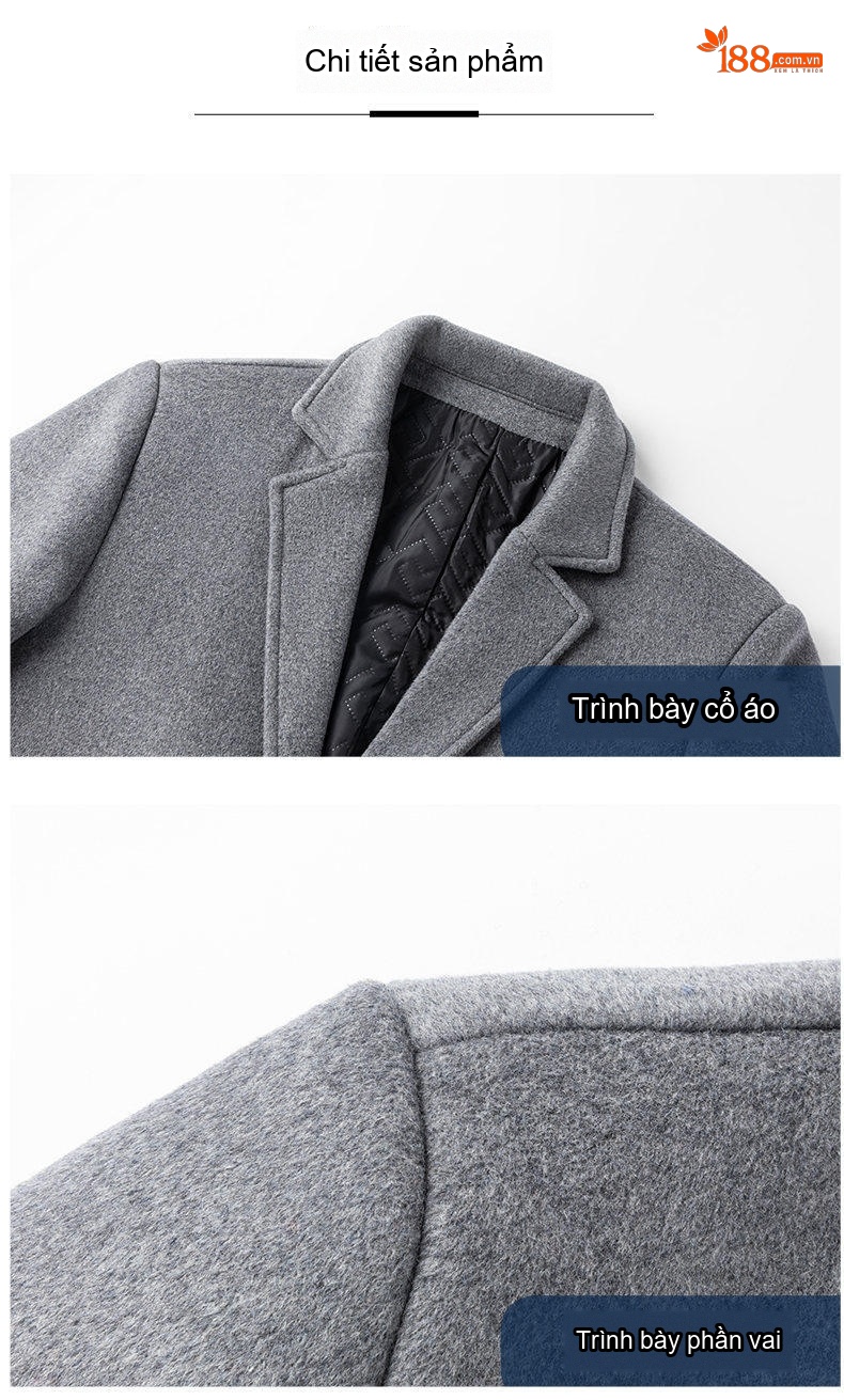 Áo Khoác Dạ Nam Dáng Dài Wool Pha Lót Cotton Dày Dặn Màu Đen, Xám chi tiết 12