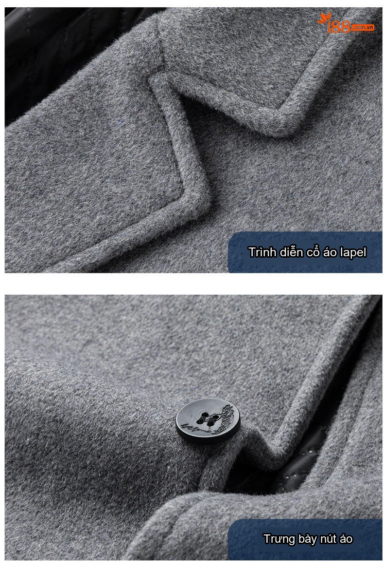 Áo Khoác Dạ Nam Dáng Dài Wool Pha Lót Cotton Dày Dặn Màu Đen, Xám chi tiết 13