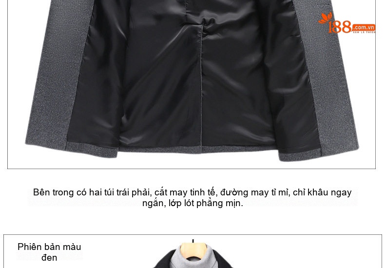Áo Khoác Dạ Nam Dáng Dài Wool Pha Phong Cách Business Casual Màu Xám, Đen chi tiết 10
