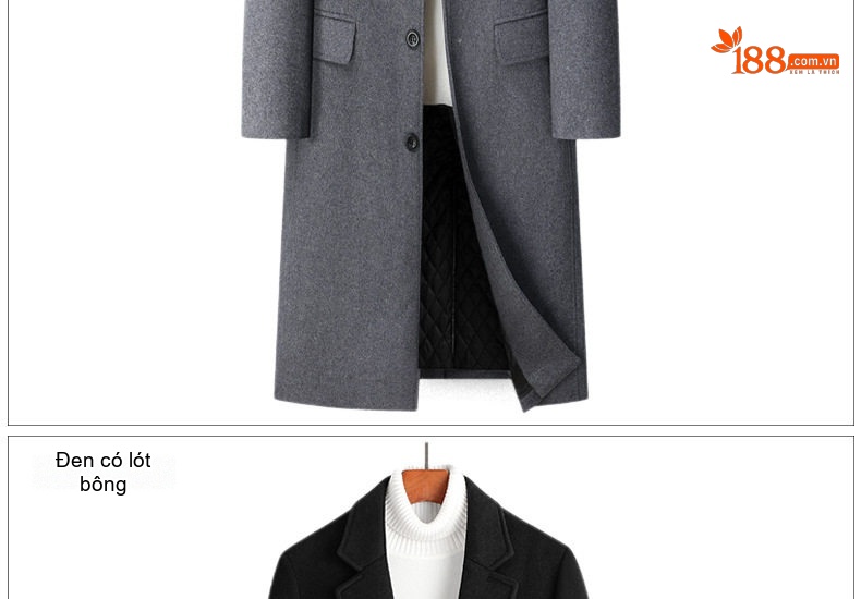 Áo Khoác Dạ Nam Dáng Dài Wool Pha Phong Cách Business Casual Màu Xám, Đen chi tiết 13