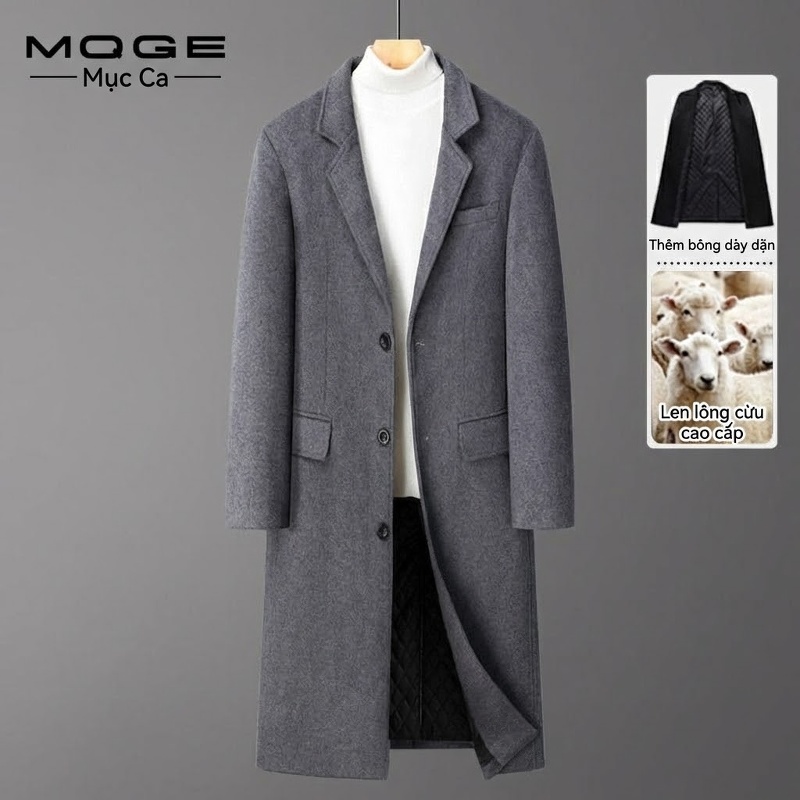 Áo Khoác Dạ Nam Dáng Dài Wool Pha Phong Cách Business Casual Màu Xám, Đen