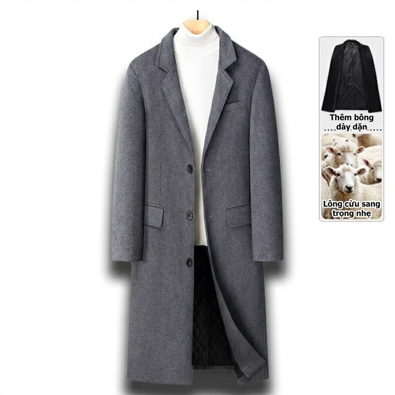 Áo Khoác Dạ Nam Dáng Dài Wool Pha Phong Cách Business Casual Màu Xám, Đen