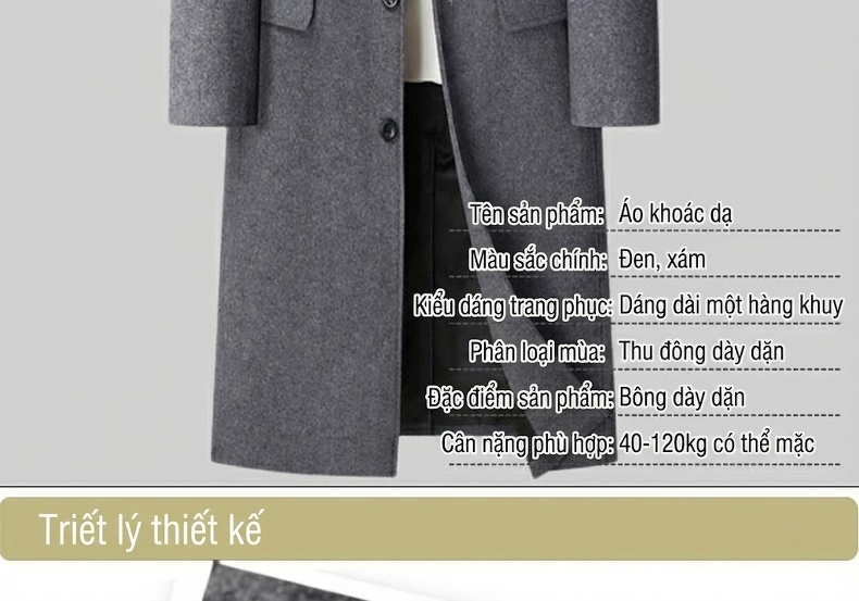 Áo Khoác Dạ Nam Dáng Dài Wool Pha Phong Cách Business Casual Màu Xám, Đen chi tiết 2